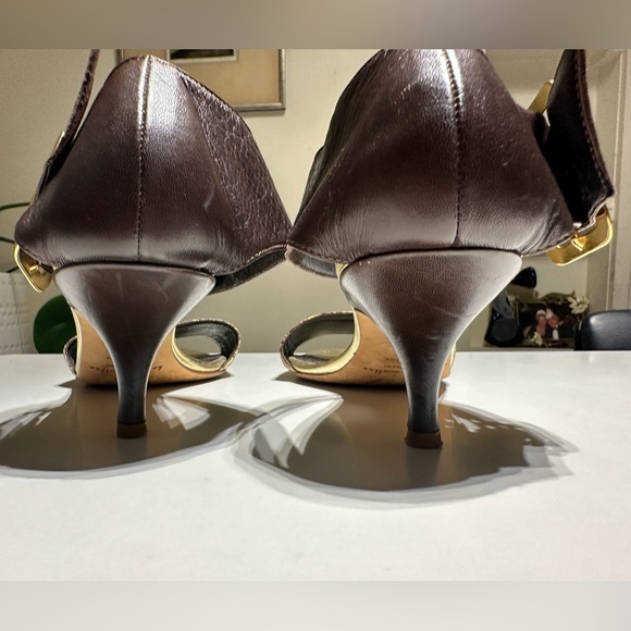 Bettye Muller Open Toe Sandals Size 37, Snake Pattern, Brown and Gold Buckle - Picture 6 of 12